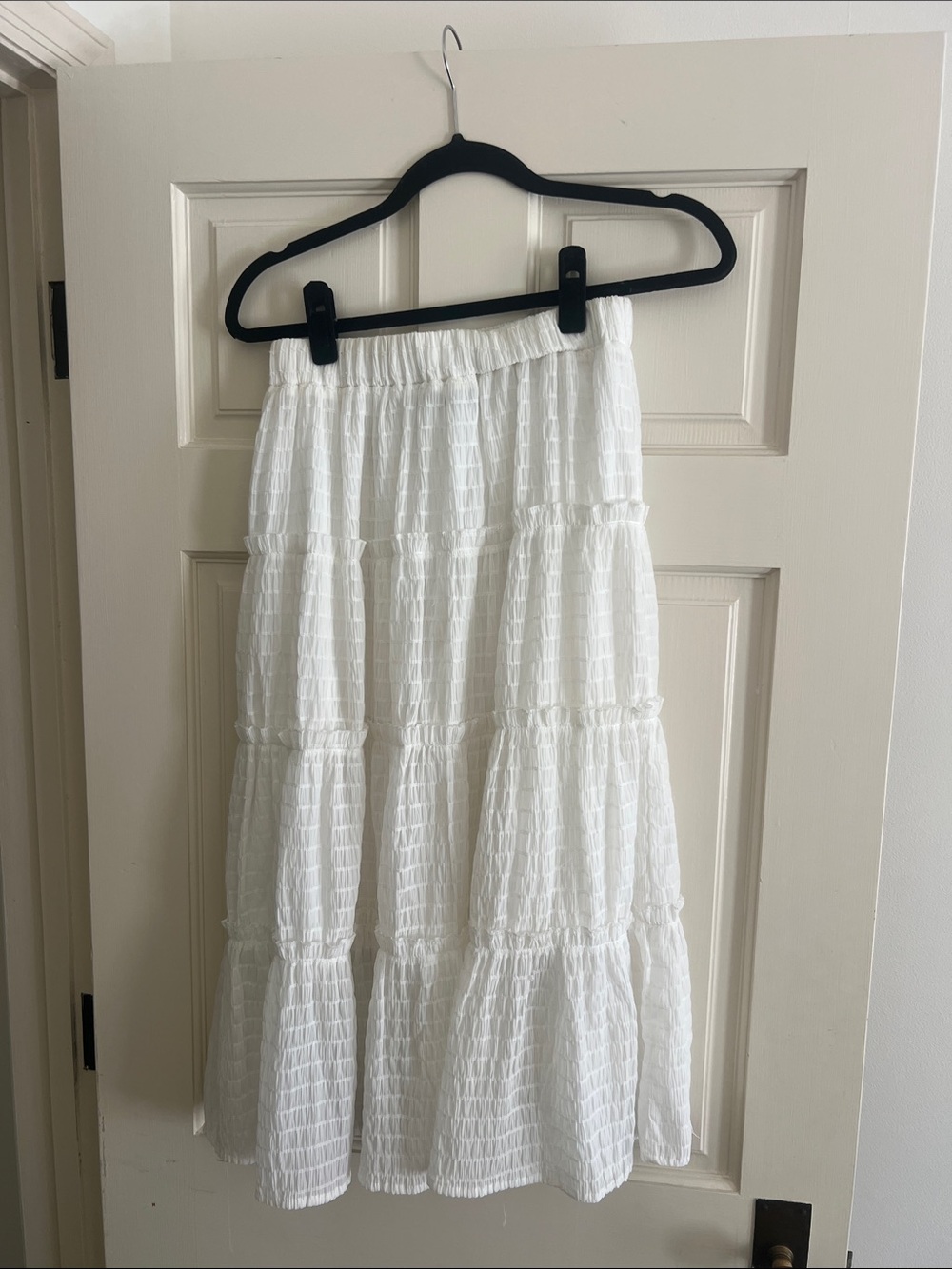 Tiered White Midi Skirt with Elastic Waist